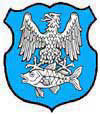 D'azur � l'aigle d'argent empi�tant un poisson du m�me.